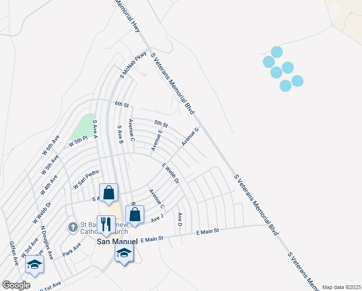 map of restaurants, bars, coffee shops, grocery stores, and more near 315 Avenue G in San Manuel