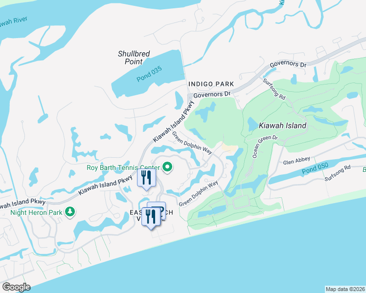 map of restaurants, bars, coffee shops, grocery stores, and more near 5528 Green Dolphin Way in Kiawah Island