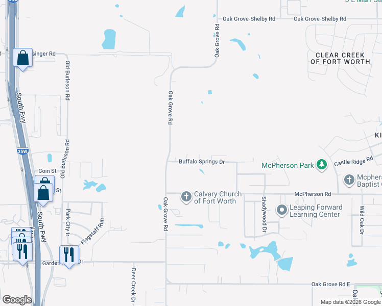 map of restaurants, bars, coffee shops, grocery stores, and more near 10305 Buffalo Springs Court in Fort Worth