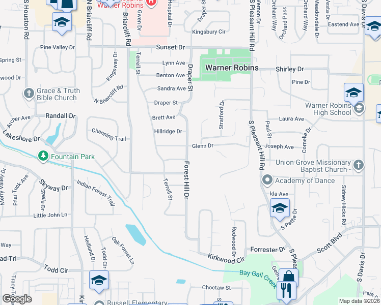 map of restaurants, bars, coffee shops, grocery stores, and more near 202 Forest Hill Drive in Warner Robins