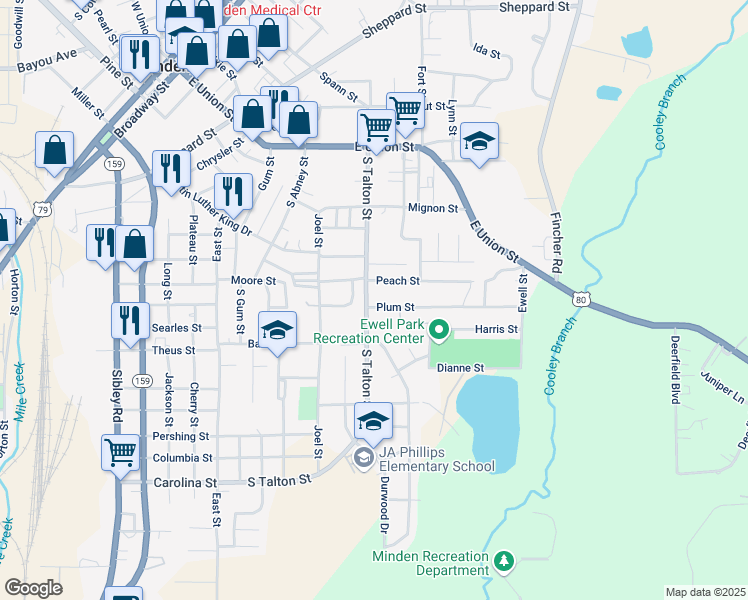 map of restaurants, bars, coffee shops, grocery stores, and more near 708 Plum Street in Minden