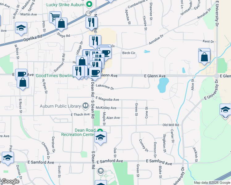 map of restaurants, bars, coffee shops, grocery stores, and more near 940 Lakeview Drive in Auburn