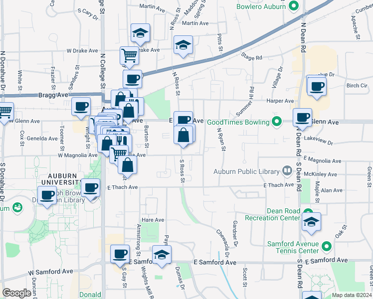 map of restaurants, bars, coffee shops, grocery stores, and more near 409 East Magnolia Avenue in Auburn