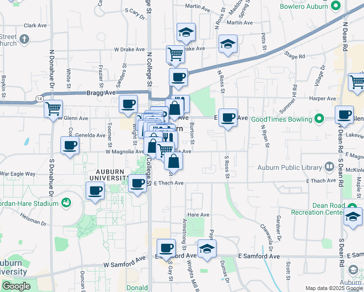 map of restaurants, bars, coffee shops, grocery stores, and more near 223 East Magnolia Avenue in Auburn