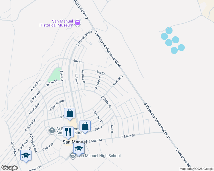 map of restaurants, bars, coffee shops, grocery stores, and more near 312 East 5th Place in San Manuel