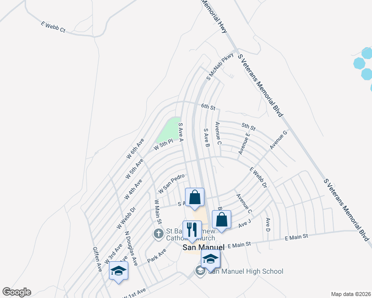map of restaurants, bars, coffee shops, grocery stores, and more near 239 South Avenue A in San Manuel