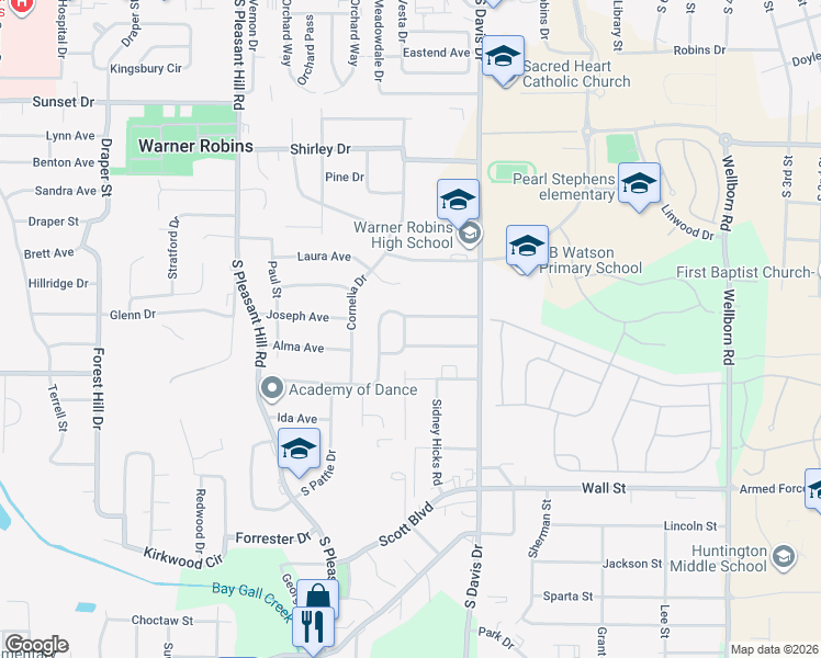 map of restaurants, bars, coffee shops, grocery stores, and more near 115 Hudson Drive in Warner Robins