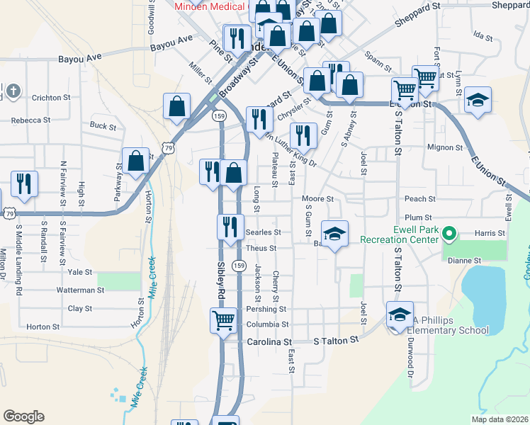 map of restaurants, bars, coffee shops, grocery stores, and more near 517 Chestnut Street in Minden