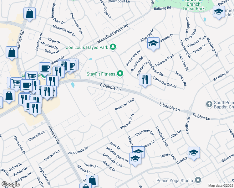 map of restaurants, bars, coffee shops, grocery stores, and more near 2108 Ladera Way in Mansfield