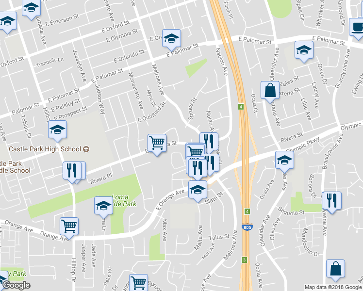 map of restaurants, bars, coffee shops, grocery stores, and more near 268 East Rienstra Street in Chula Vista
