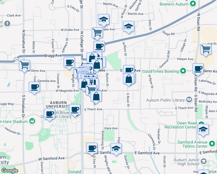 map of restaurants, bars, coffee shops, grocery stores, and more near 120 Burton Street in Auburn