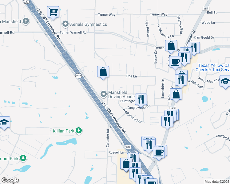 map of restaurants, bars, coffee shops, grocery stores, and more near 1 Sue Court in Mansfield