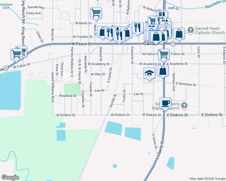 map of restaurants, bars, coffee shops, grocery stores, and more near Lee St in Canton