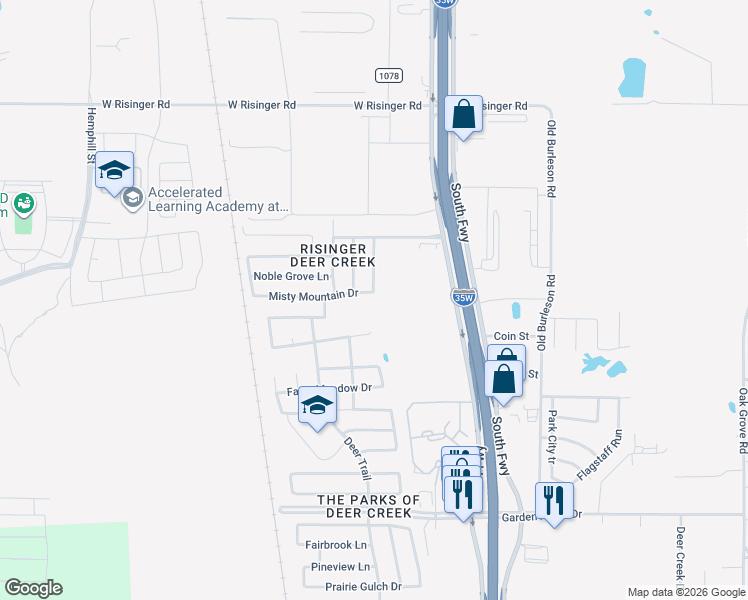map of restaurants, bars, coffee shops, grocery stores, and more near 305 Misty Mountain Drive in Fort Worth