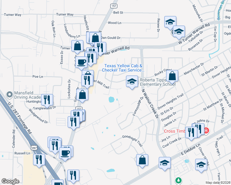 map of restaurants, bars, coffee shops, grocery stores, and more near 2 Crystal Brook Court in Mansfield