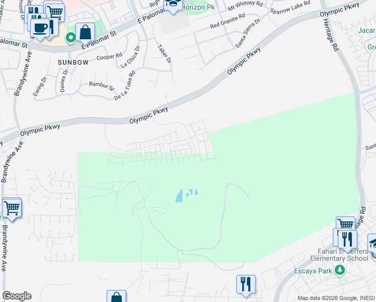 map of restaurants, bars, coffee shops, grocery stores, and more near Olympic Parkway in Chula Vista