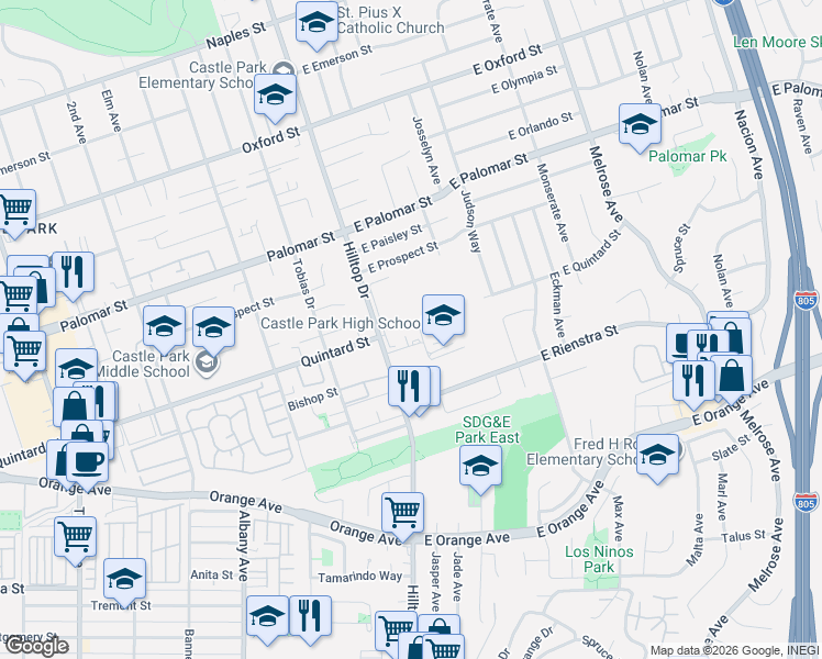 map of restaurants, bars, coffee shops, grocery stores, and more near 1395 Hilltop Drive in Chula Vista