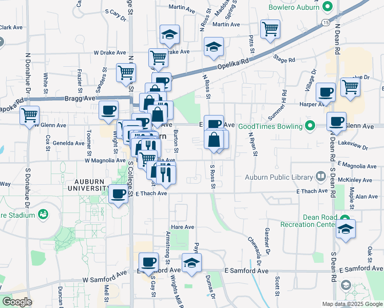 map of restaurants, bars, coffee shops, grocery stores, and more near 337 East Magnolia Avenue in Auburn