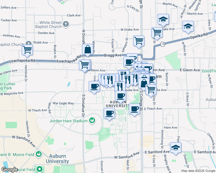 map of restaurants, bars, coffee shops, grocery stores, and more near 326 West Magnolia Avenue in Auburn
