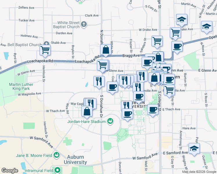 map of restaurants, bars, coffee shops, grocery stores, and more near 420 West Magnolia Avenue in Auburn