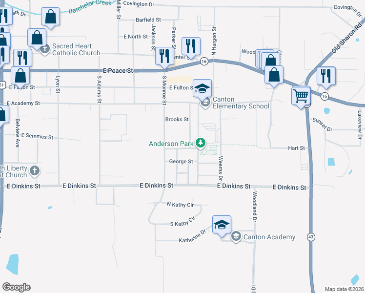 map of restaurants, bars, coffee shops, grocery stores, and more near 629 Hart Street in Canton