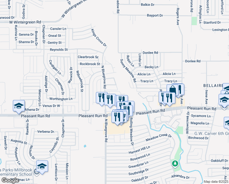 map of restaurants, bars, coffee shops, grocery stores, and more near 1400 North Bluegrove Road in Lancaster