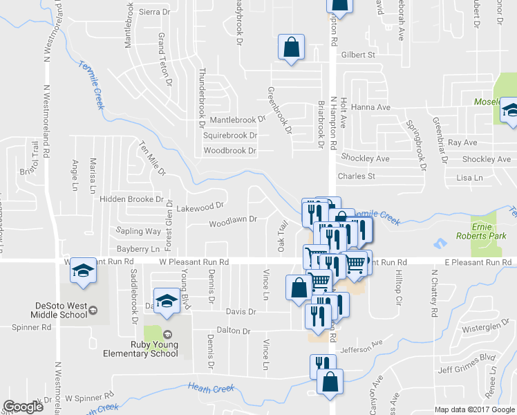 map of restaurants, bars, coffee shops, grocery stores, and more near 308 Lakewood Drive in DeSoto