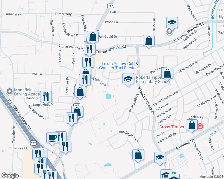 map of restaurants, bars, coffee shops, grocery stores, and more near 2 Crystal Brook Court in Mansfield