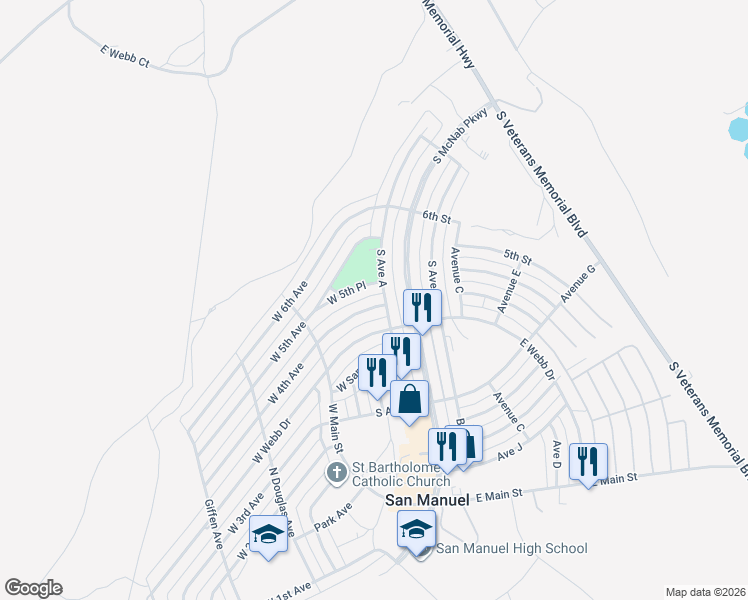 map of restaurants, bars, coffee shops, grocery stores, and more near 239 South Avenue A in San Manuel