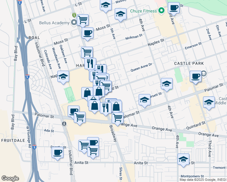 map of restaurants, bars, coffee shops, grocery stores, and more near 557 Oxford Street in Chula Vista