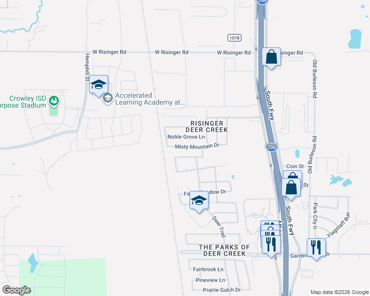 map of restaurants, bars, coffee shops, grocery stores, and more near 529 Misty Mountain Drive in Fort Worth