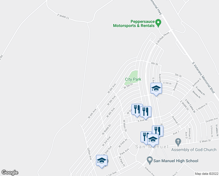 map of restaurants, bars, coffee shops, grocery stores, and more near 602 West 6th Avenue in San Manuel