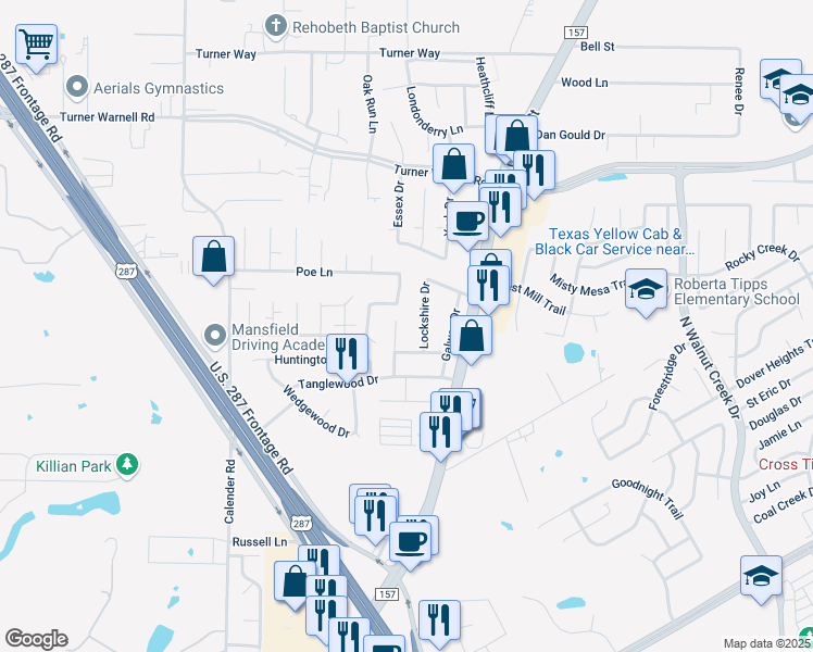 map of restaurants, bars, coffee shops, grocery stores, and more near 2216 Forest Creek Drive in Mansfield