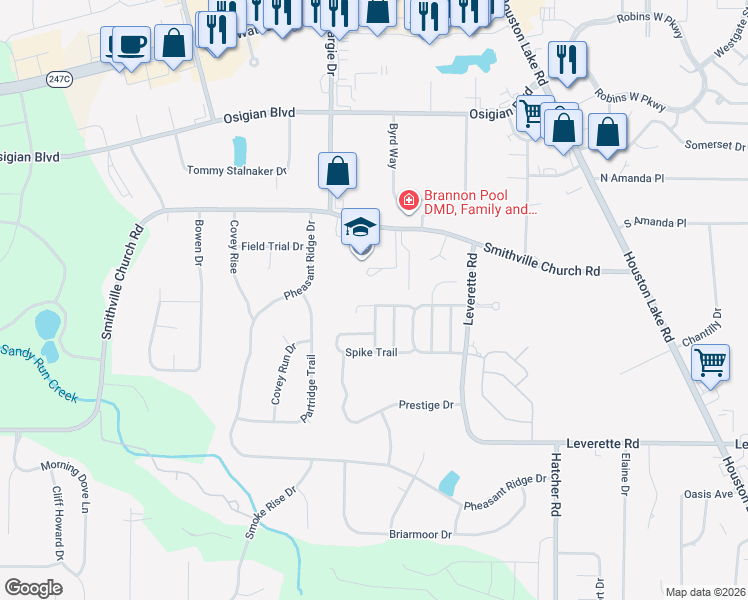 map of restaurants, bars, coffee shops, grocery stores, and more near 300 Antler Trail in Warner Robins