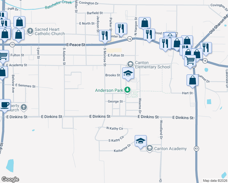 map of restaurants, bars, coffee shops, grocery stores, and more near 629 Hart Street in Canton