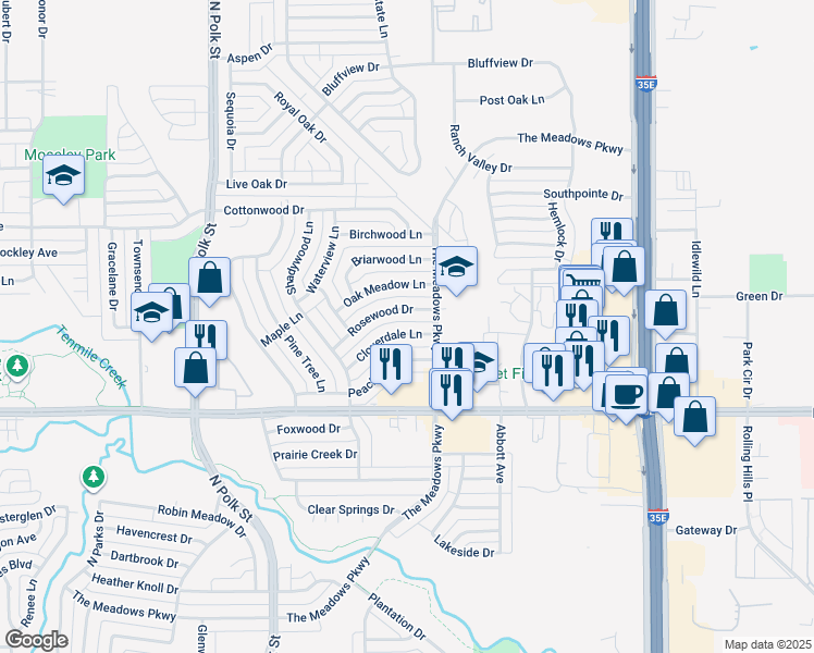 map of restaurants, bars, coffee shops, grocery stores, and more near 1041 Cloverdale Lane in DeSoto