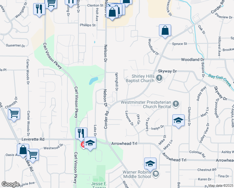 map of restaurants, bars, coffee shops, grocery stores, and more near 100 Springhill Drive in Warner Robins