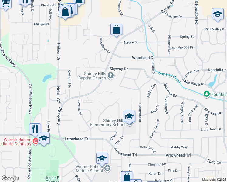 map of restaurants, bars, coffee shops, grocery stores, and more near 128 Linda Kay Court in Warner Robins