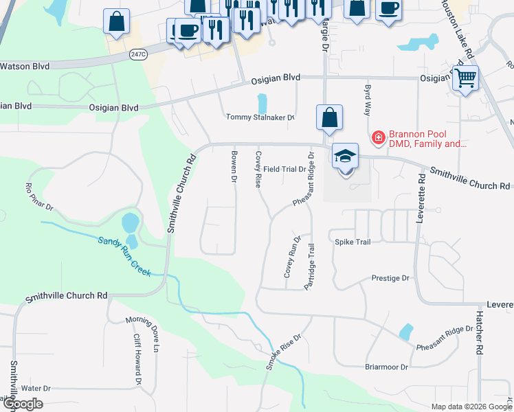 map of restaurants, bars, coffee shops, grocery stores, and more near 116 Covey Rise in Warner Robins