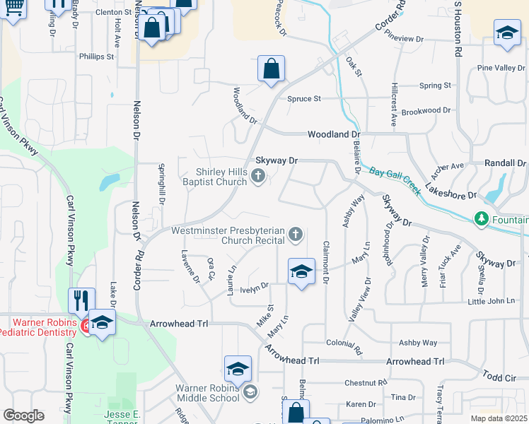 map of restaurants, bars, coffee shops, grocery stores, and more near 130 Linda Kay Court in Warner Robins