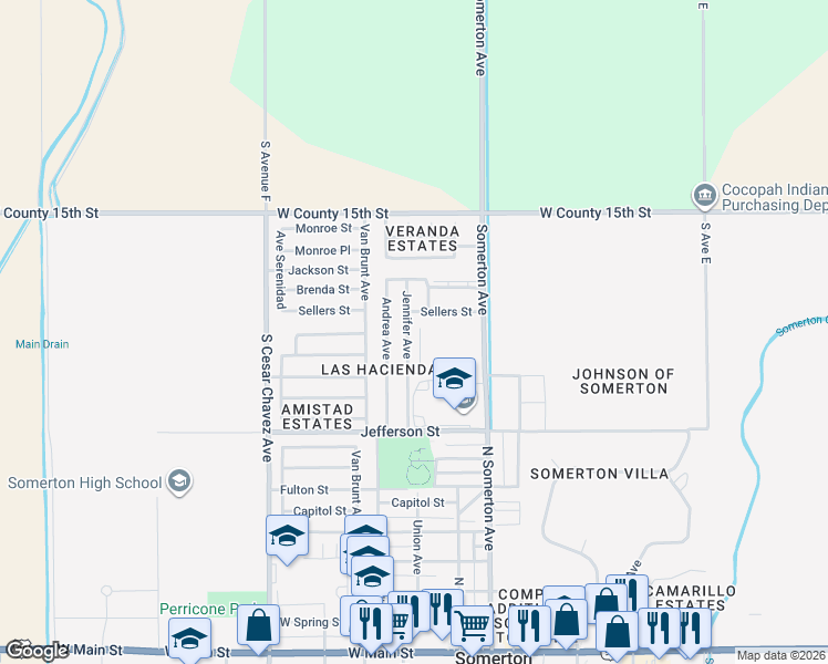 map of restaurants, bars, coffee shops, grocery stores, and more near Daniela in Somerton