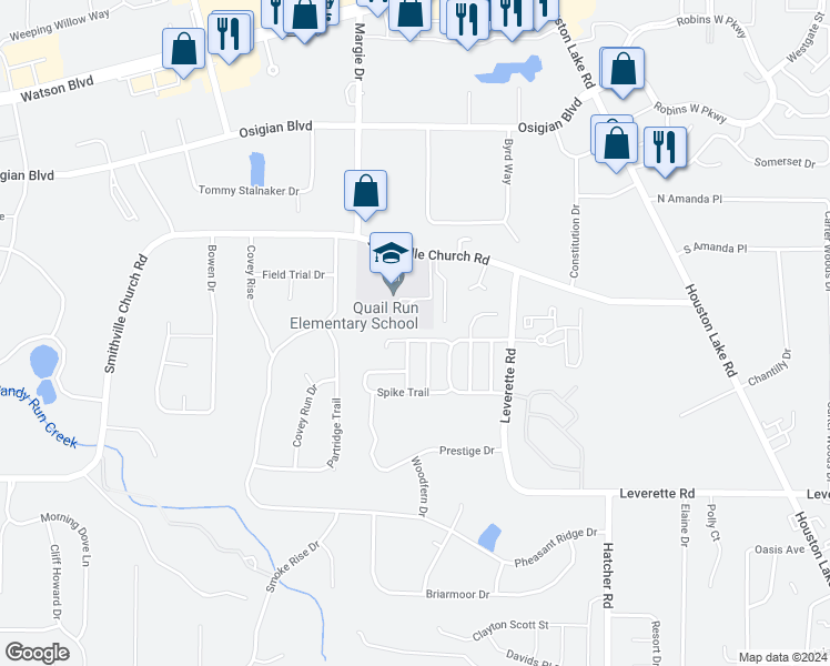 map of restaurants, bars, coffee shops, grocery stores, and more near 300 Antler Trail in Warner Robins