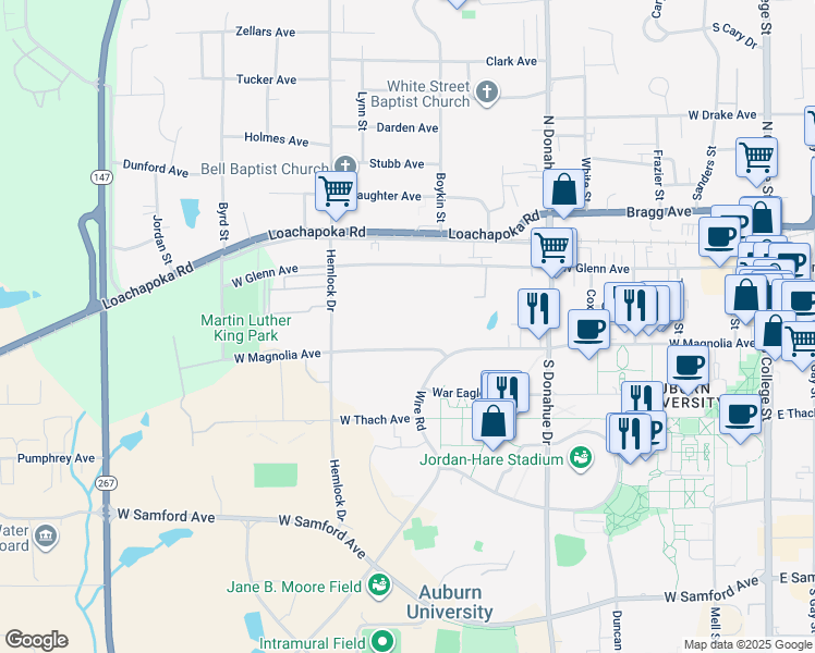 map of restaurants, bars, coffee shops, grocery stores, and more near 730 West Magnolia Avenue in Auburn