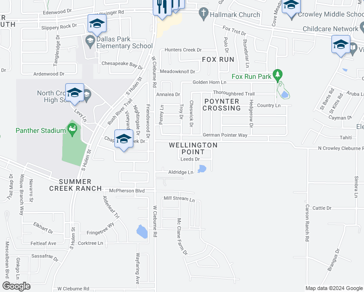 map of restaurants, bars, coffee shops, grocery stores, and more near 4252 Glen Abbey Drive in Crowley