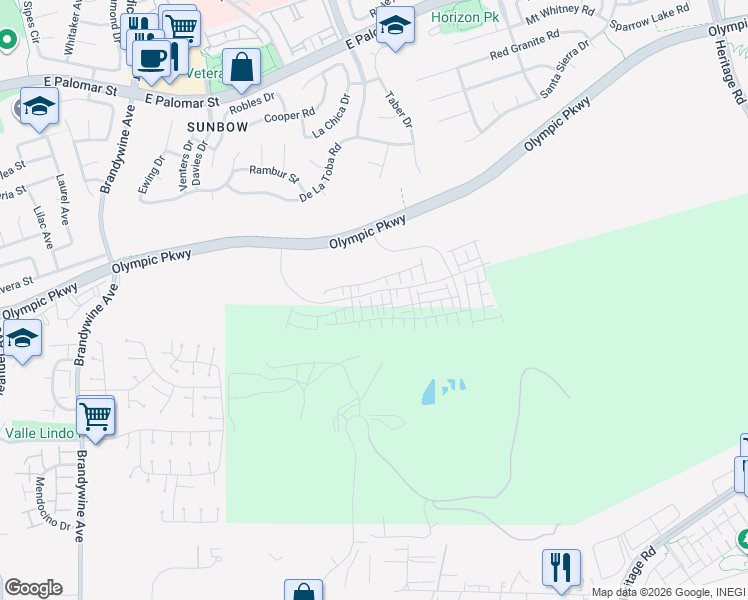 map of restaurants, bars, coffee shops, grocery stores, and more near Olympic Pkwy in Chula Vista