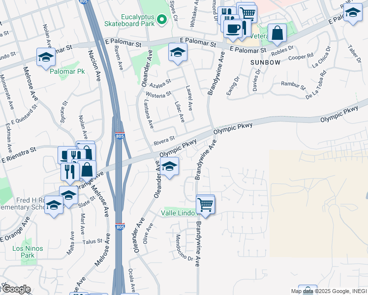 map of restaurants, bars, coffee shops, grocery stores, and more near 575 Portsmouth Drive in Chula Vista