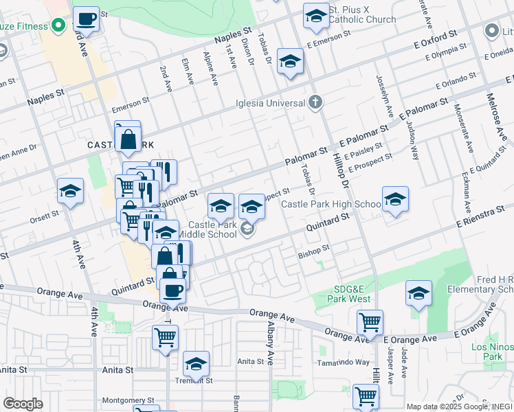 map of restaurants, bars, coffee shops, grocery stores, and more near 132 Prospect Street in Chula Vista