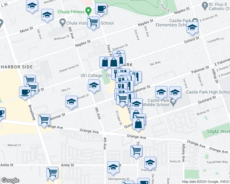 map of restaurants, bars, coffee shops, grocery stores, and more near 322 Palomar Street in Chula Vista