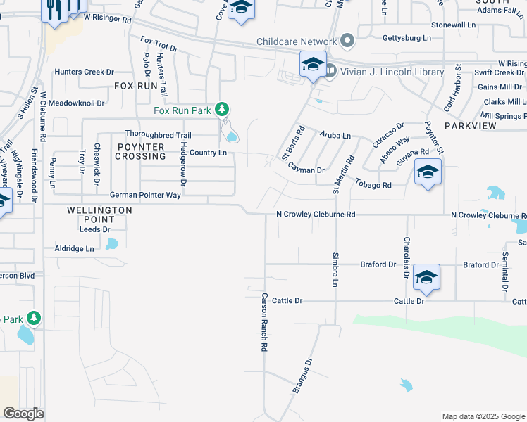 map of restaurants, bars, coffee shops, grocery stores, and more near 9400 Carson Ranch Road in Crowley