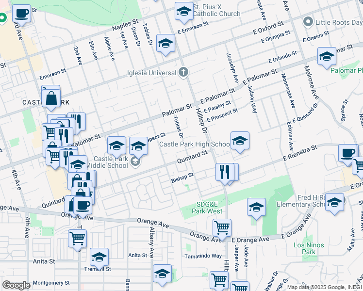 map of restaurants, bars, coffee shops, grocery stores, and more near 1376 Tobias Drive in Chula Vista